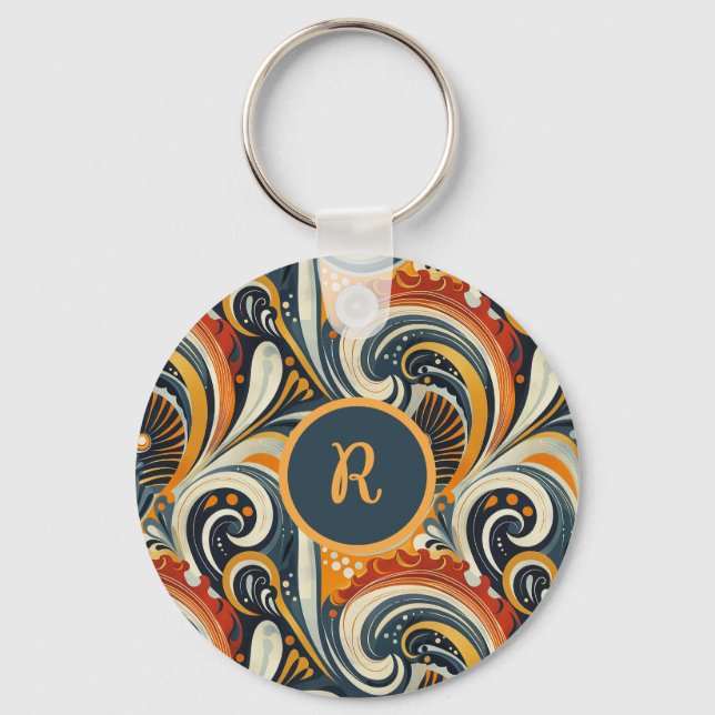 Trendy Hip Retro Orange Deep Teal Swirls Monogram  Keychain (Front)