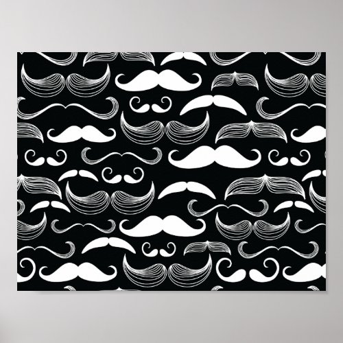 Trendy Hipster Black And White Mustache Pattern Poster