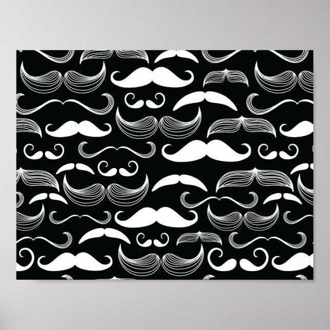 Trendy Hipster Black and White Mustache Pattern Poster (Front)