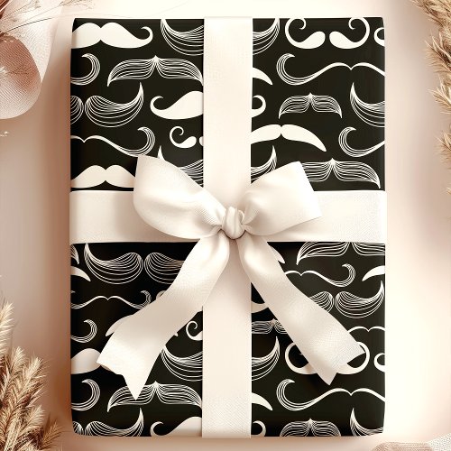 Trendy Hipster Black And White Mustache Pattern Wrapping Paper