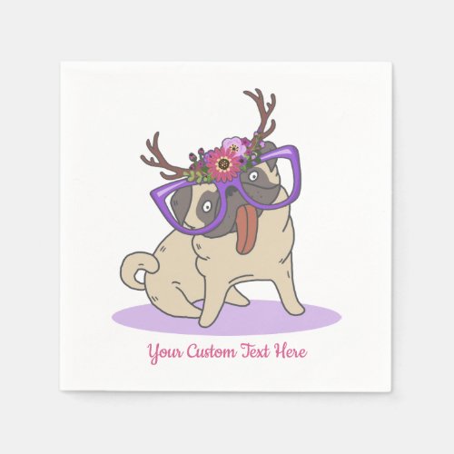 Trendy Hipster Boho Floral Hippie Pug in Glasses Napkins