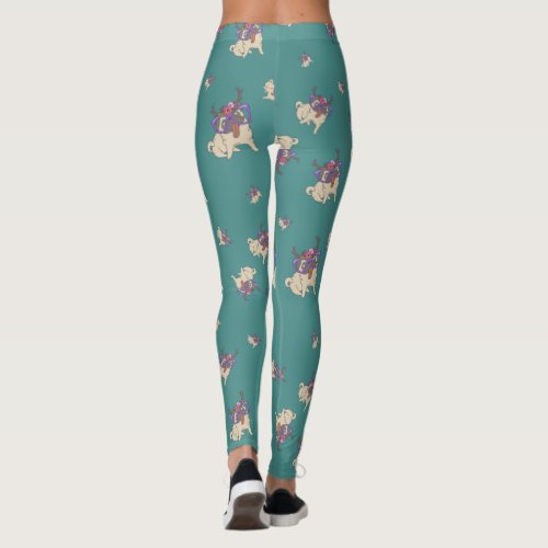 Trendy Hipster Boho Floral Hippie Pug on Teal Leggings