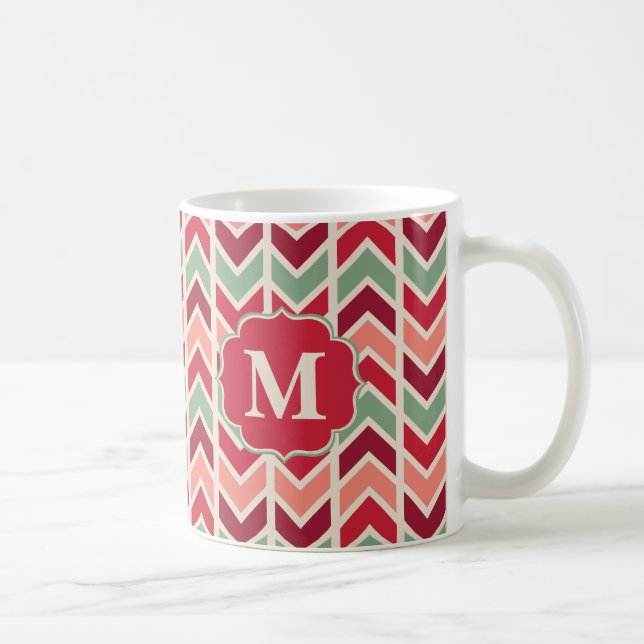 Trendy Holiday Chevrons Pattern with Monogram Coffee Mug (Right)