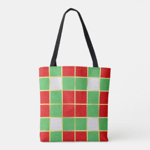 Trendy Holiday Colors Red, Green & Gold Checkered Tote Bag