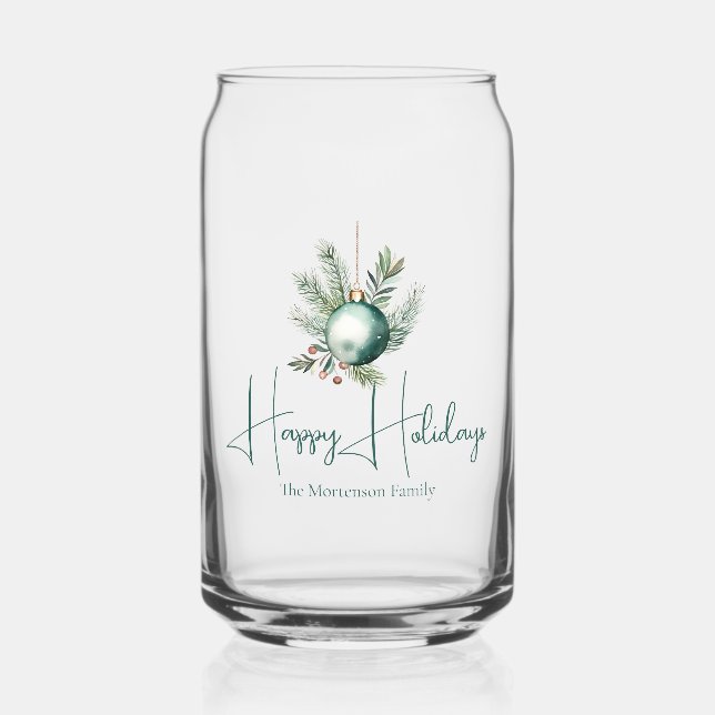 Trendy Holiday Party Custom Green Christmas Can Glass (Front)