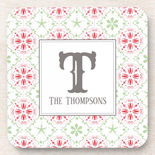 Trendy Holiday Snowflakes Christmas Monogram Beverage Coaster