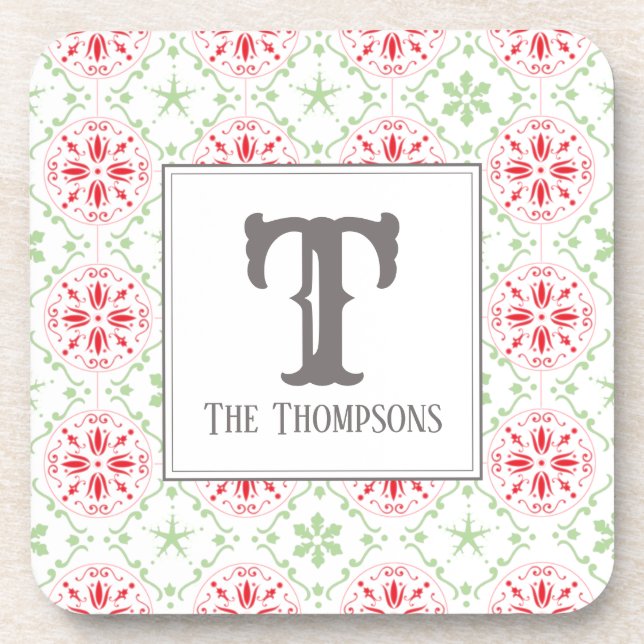 Trendy Holiday Snowflakes Christmas Monogram Beverage Coaster (Front)