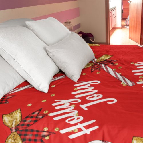 Trendy Holly Jolly Candy Cane Gold Red Christmas Duvet Cover
