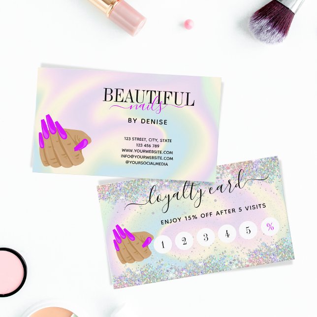 Trendy holograph nail salon long nails hand business card (Creator Uploaded)