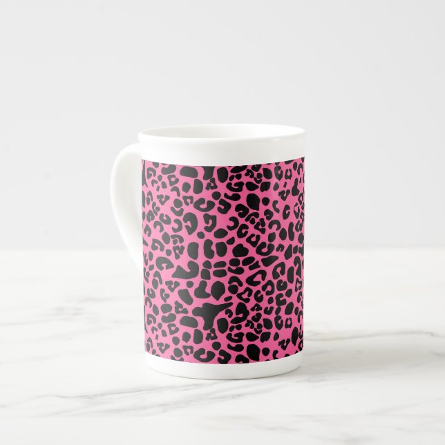Trendy Hot Pink and Black Modern Leopard Print Bone China Mug (Front Left)