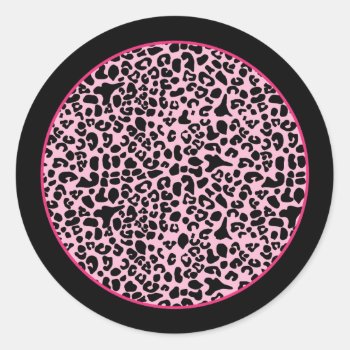 Trendy Hot Pink And Black Modern Leopard Print Classic Round Sticker by PhotographyTKDesigns at Zazzle