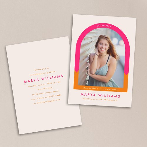 Trendy Hot Pink and Orange Arch Graduation Party Invitation