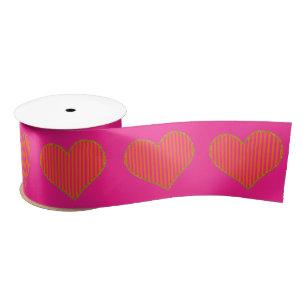 Trendy Hot Pink and Orange Glitter Heart Satin Ribbon