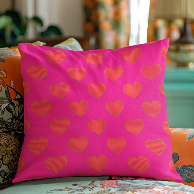 Trendy Hot Pink and Orange Glitter Heart  Throw Pillow (Creator Uploaded)
