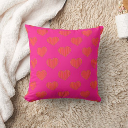 Trendy Hot Pink and Orange Glitter Heart  Throw Pillow