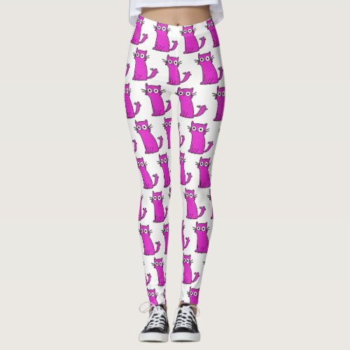 Trendy Hot Pink and White Funny Cat Leggings