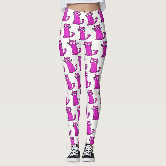 Trendy Hot Pink and White Funny Cat Leggings (Front)