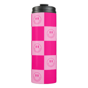 Trendy Hot Pink Checkered Cute Happy Smiling Face Thermal Tumbler