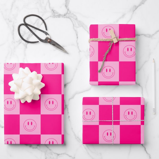 Trendy Hot Pink Checkered & Groovy Happy Smile Wrapping Paper Sheets (Front)