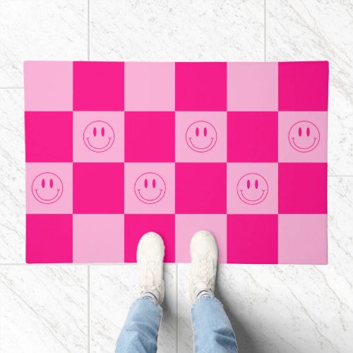 Trendy Hot Pink Checkered  Happy Smile Face Doormat