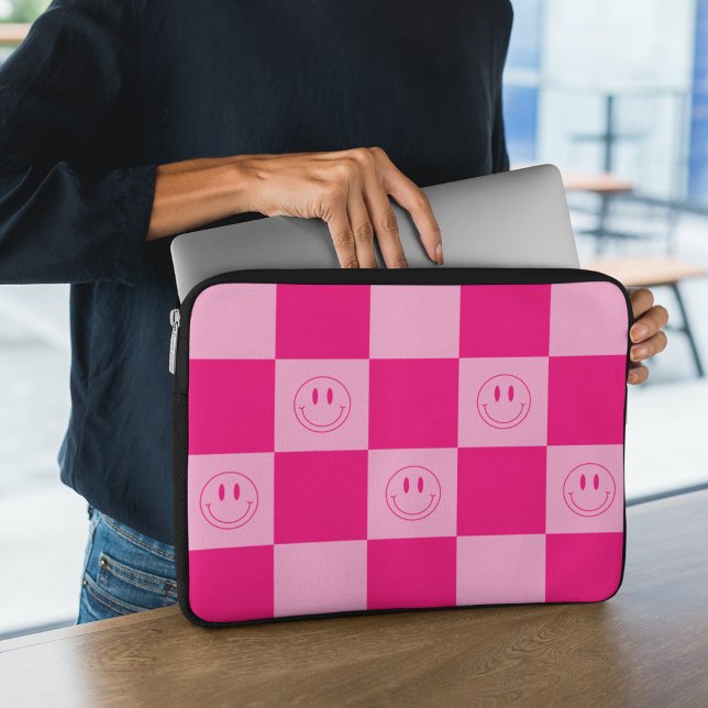 Trendy Hot Pink Checkered & Happy Smile Face Laptop Sleeve (Creator Uploaded)