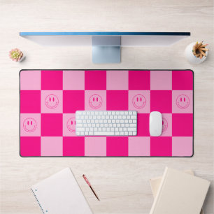 Trendy Hot Pink Checkered & Retro Happy Smile Desk Mat