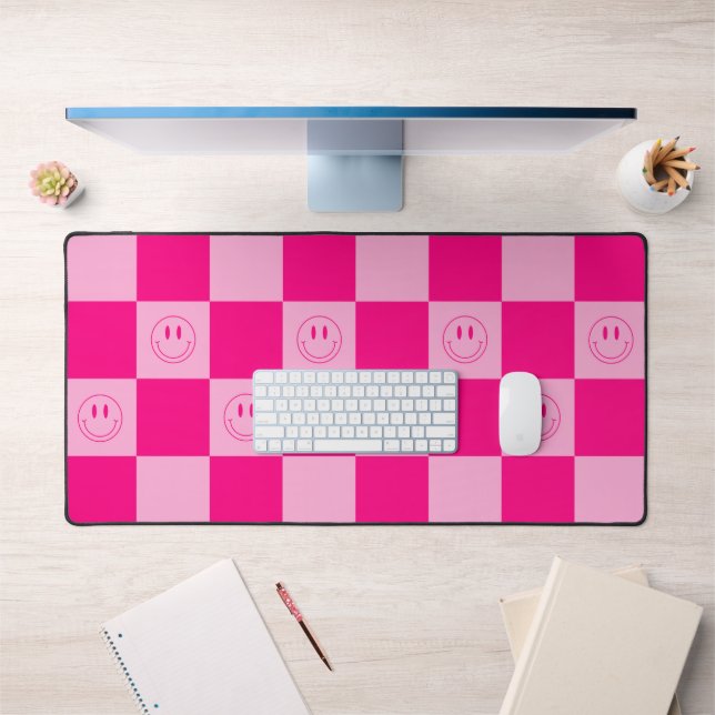 Trendy Hot Pink Checkered & Retro Happy Smile Desk Mat (Office 1)