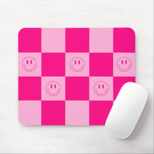 Trendy Hot Pink Checkered & Smiling Face Mouse Pad
