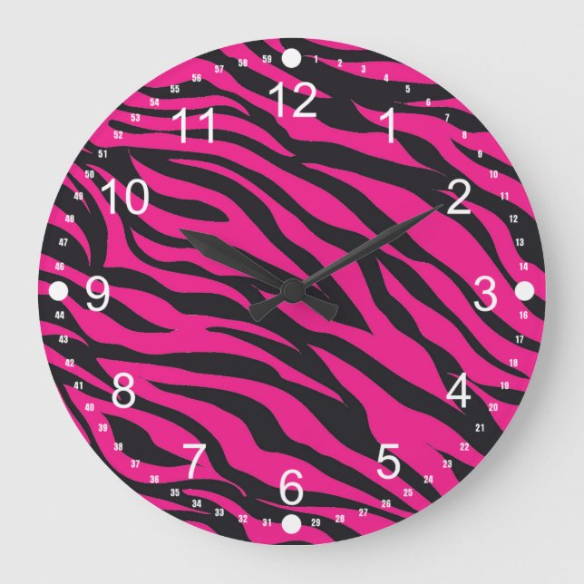 Trendy Hot Pink Fuchsia Black Zebra Stripes Large Clock (Front)