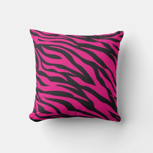 Trendy Hot Pink Fuchsia Black Zebra Stripes Print Throw Pillow (Front)