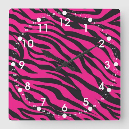 Trendy Hot Pink Fuchsia Black Zebra Stripes Square Wall Clock