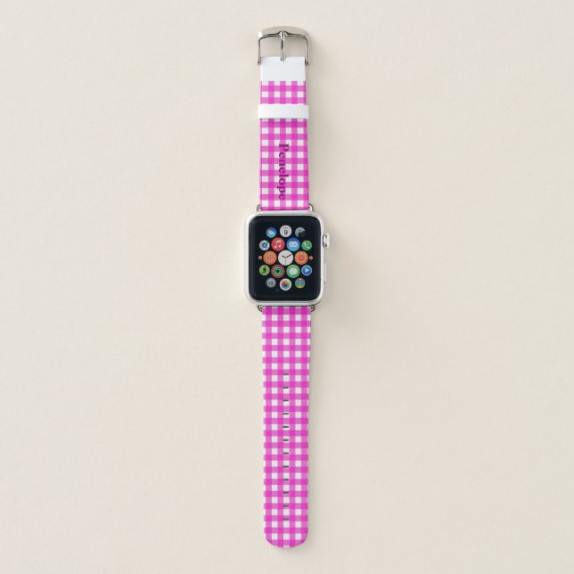 Trendy Hot Pink Gingham Add Your Name Apple Watch Band (Front)