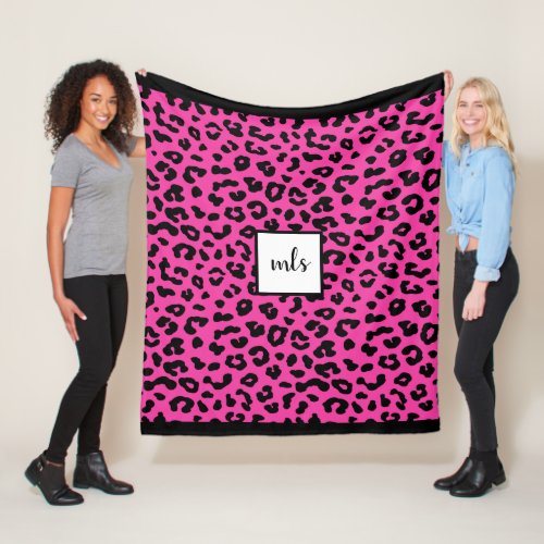 Trendy Hot Pink Leopard Animal Print Monogram Fleece Blanket