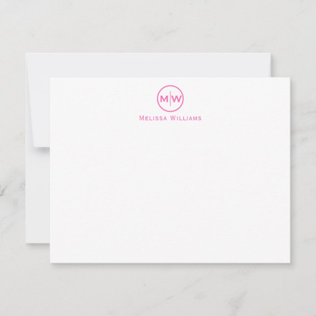 Trendy Hot Pink Modern Circle Two Monogram Initial Note Card (Front)