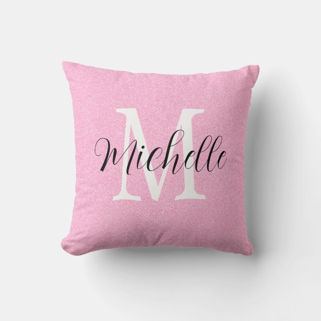 Trendy Hot Pink Monogram and Name Throw Pillow (Front)