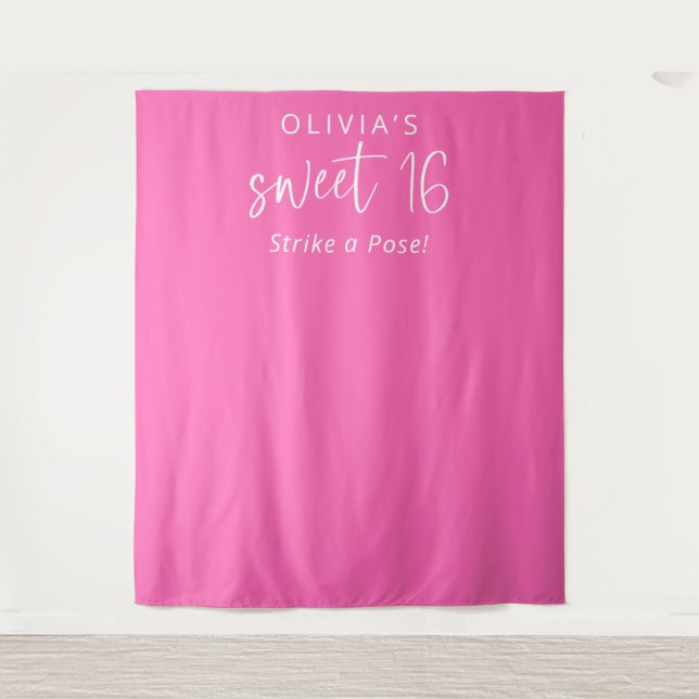 Trendy Hot Pink Name Sweet 16 Party Backdrop (Front)