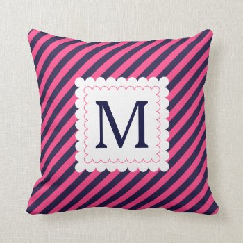 Trendy Hot Pink Navy Blue Stripes Custom Monogram Throw Pillow by VintageDesignsShop at Zazzle