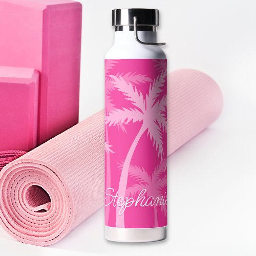 Trendy Hot Pink Palms Magenta Cute Monogrammed Water Bottle