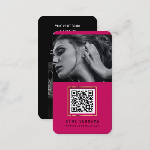 Trendy hot pink QR code modern social media photo Business Card