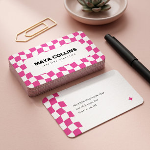 Trendy Hot Pink White Wavy Checkered Business Card