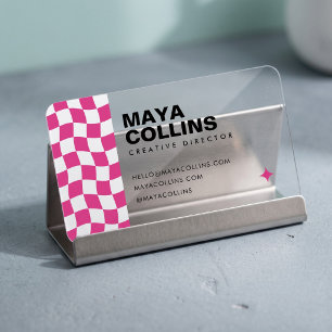 Trendy Hot Pink White Wavy Checkered Clear Business Cards