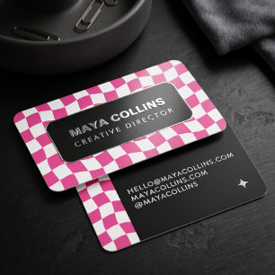 Trendy Hot Pink White Wavy Checkered Foil Business Cards
