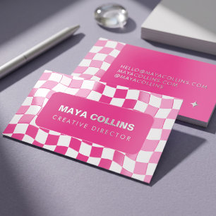 Trendy Hot Pink White Wavy Checkered Foil Spot Gloss Business Cards