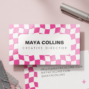 Trendy Hot Pink White Wavy Checkered Raised Spot UV Business Card