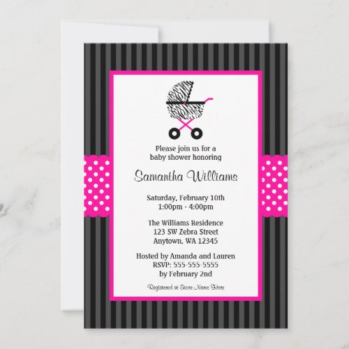 Trendy Hot Pink Zebra Carriage Baby Shower Invitation