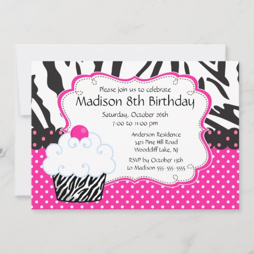 Trendy Hot Pink &amp; Zebra Cupcake Birthday Party Custom Invitations