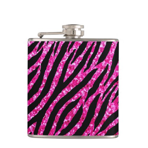 Trendy Hot Pink Zebra Print Glitz Glitter Sparkles Hip Flask