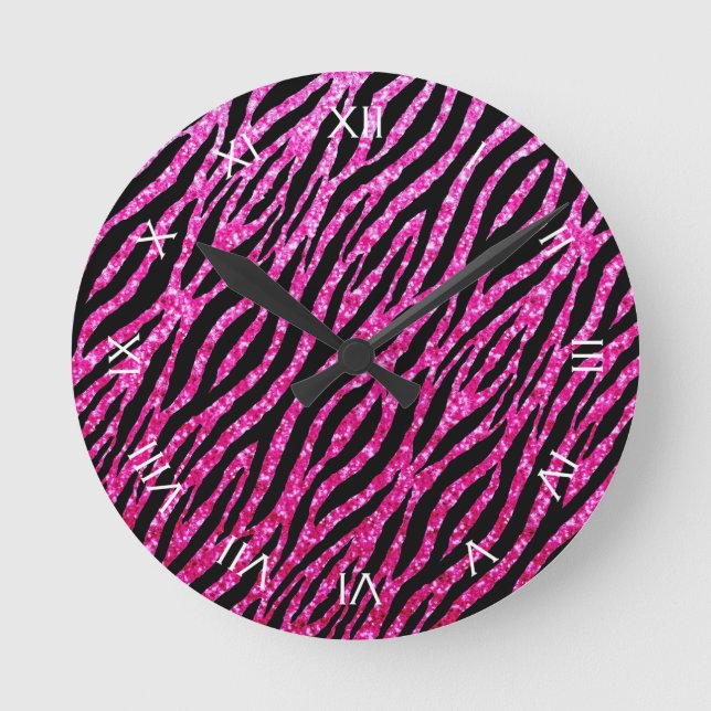 Trendy Hot Pink Zebra Print Glitz Glitter Sparkles Round Clock (Front)