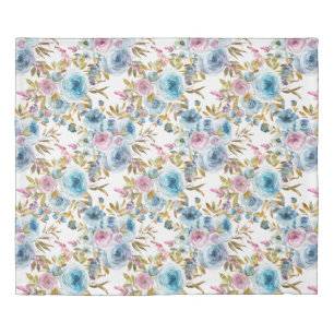 Trendy Ice Blue Floral Pink Roses Watercolor Duvet Cover