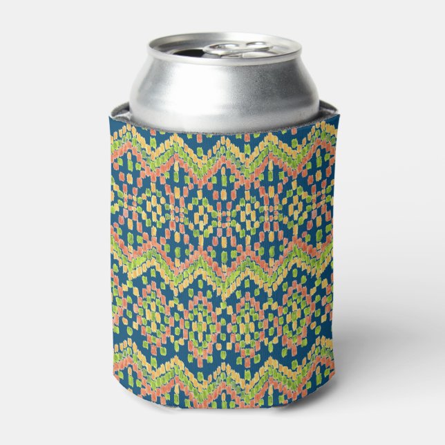 Trendy Ikat Colorful Ethnic Pattern on Blue Can Cooler (Can Front)